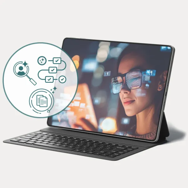 Omnia AI features illustrated on a tablet with AI-assisted publishing icons