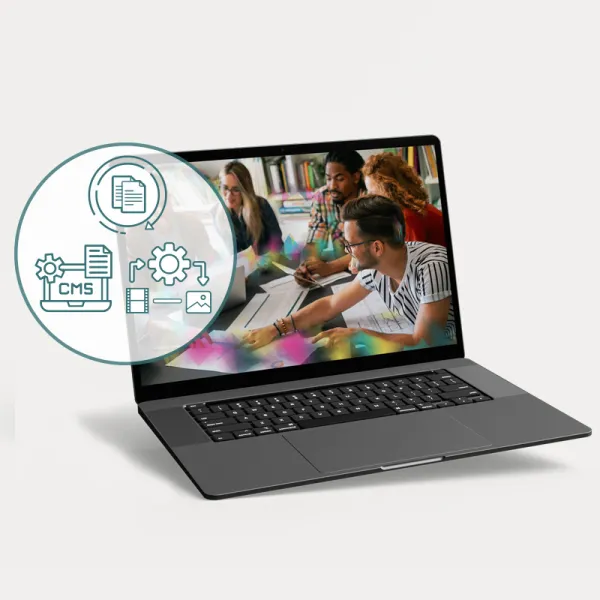 Omnia content management illustrated on a laptop with CMS workflow icons