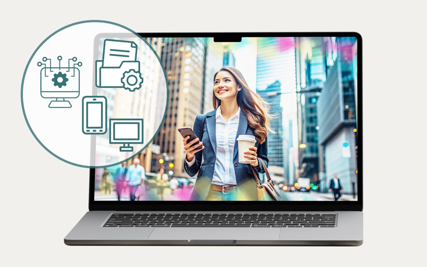 Omnia digital workplace on a laptop with integration icons for devices and content