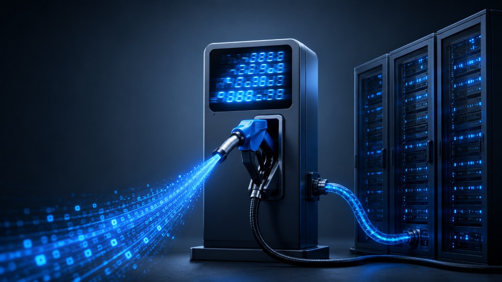A gas pump with a digital price display fueling data-center servers with a stream of glowing data