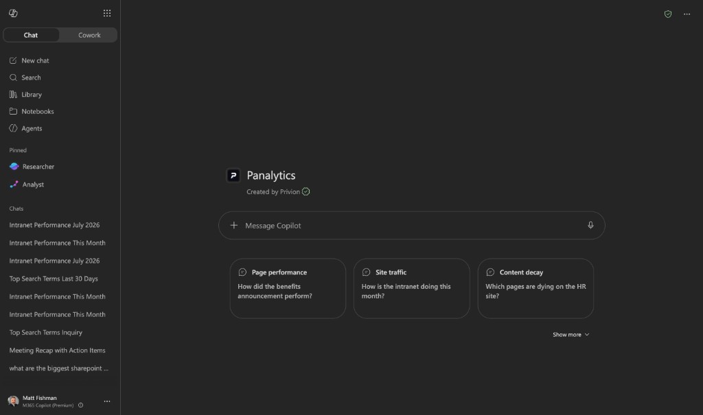 PAnalytics agent in Microsoft 365 Copilot with conversation starters